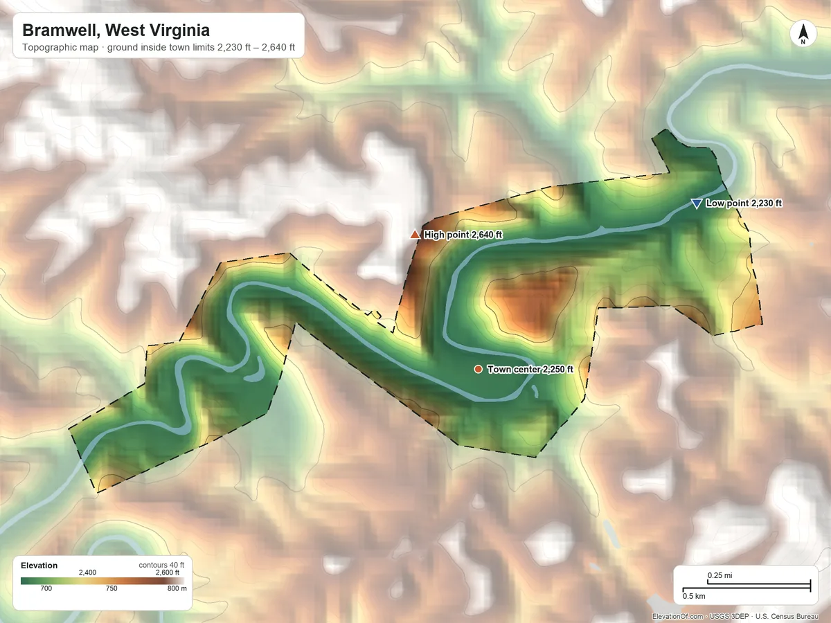 Topographic elevation map of Bramwell, West Virginia, shaded from 2,230 ft on the northeast side to 2,640 ft on the northwest edge, below higher ground just outside