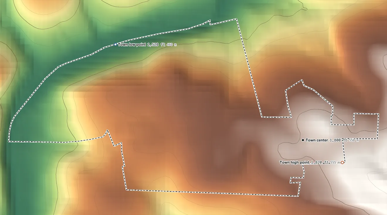 Topographic elevation map of Brandonville, West Virginia, shaded from 1,520 ft on the northwest side to 1,820 ft on the southeast side