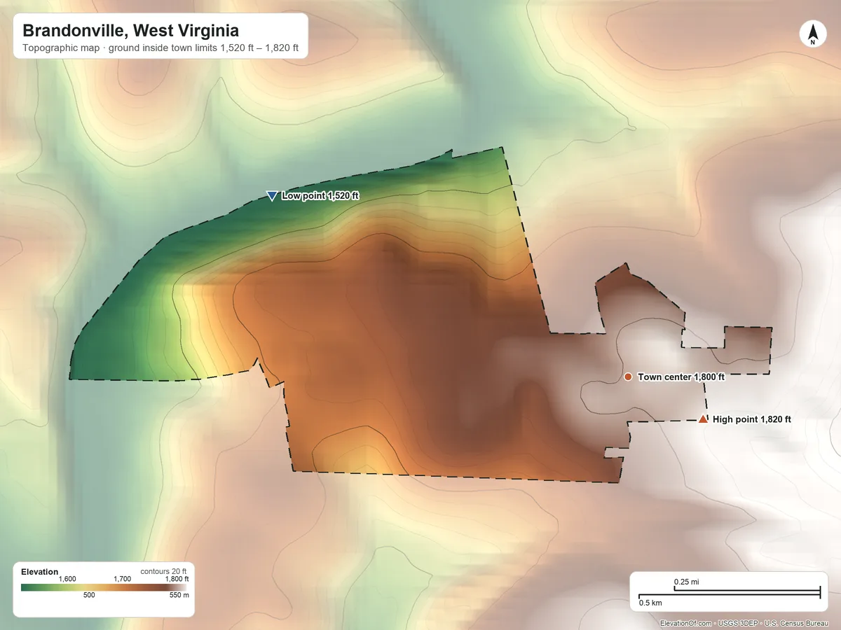 Topographic elevation map of Brandonville, West Virginia, shaded from 1,520 ft on the northwest side to 1,820 ft on the southeast side