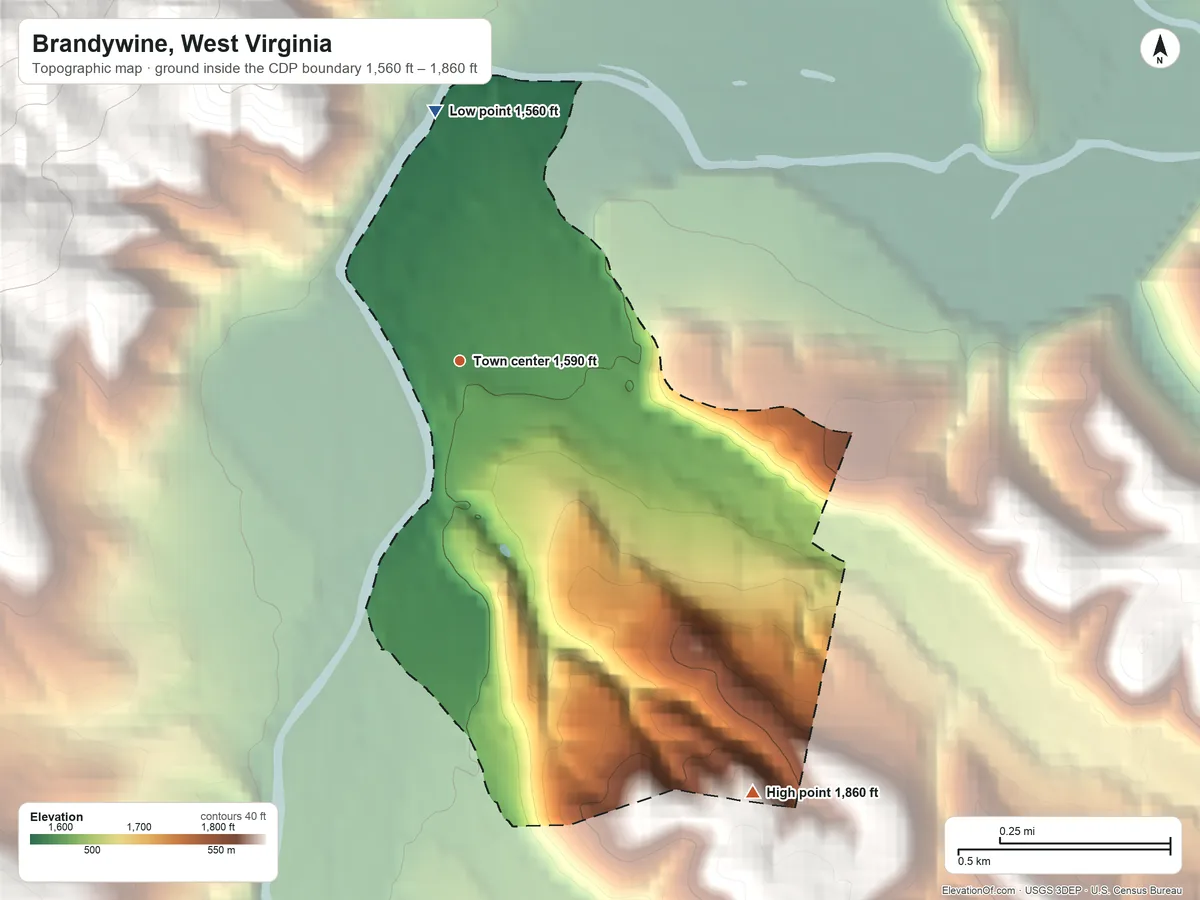 Topographic elevation map of Brandywine, West Virginia, shaded from 1,560 ft on the north side to 1,860 ft on the southeast edge, below higher ground just outside