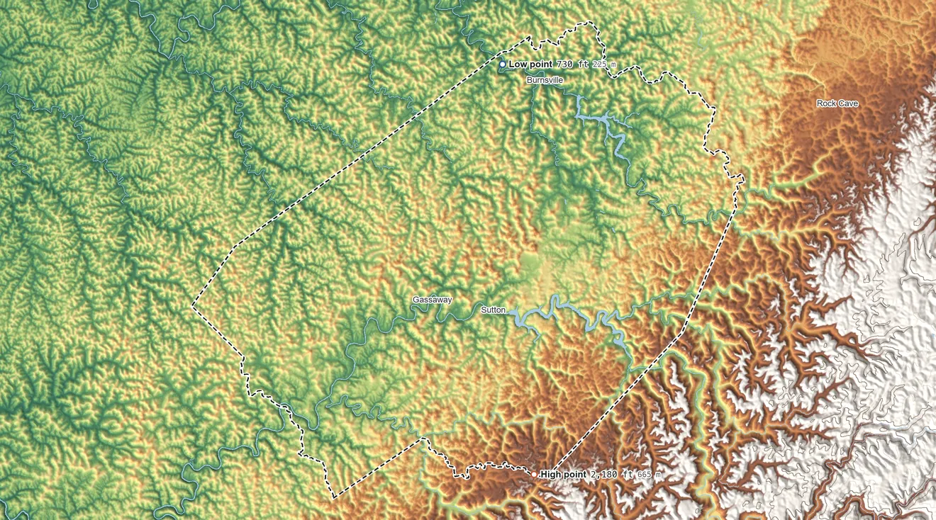 Topographic elevation map of Braxton County, West Virginia, shaded from 730 ft on the north side to 2,180 ft on the south side