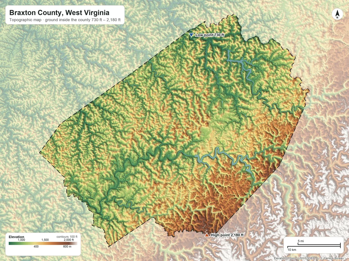 Topographic elevation map of Braxton County, West Virginia, shaded from 730 ft on the north side to 2,180 ft on the south side