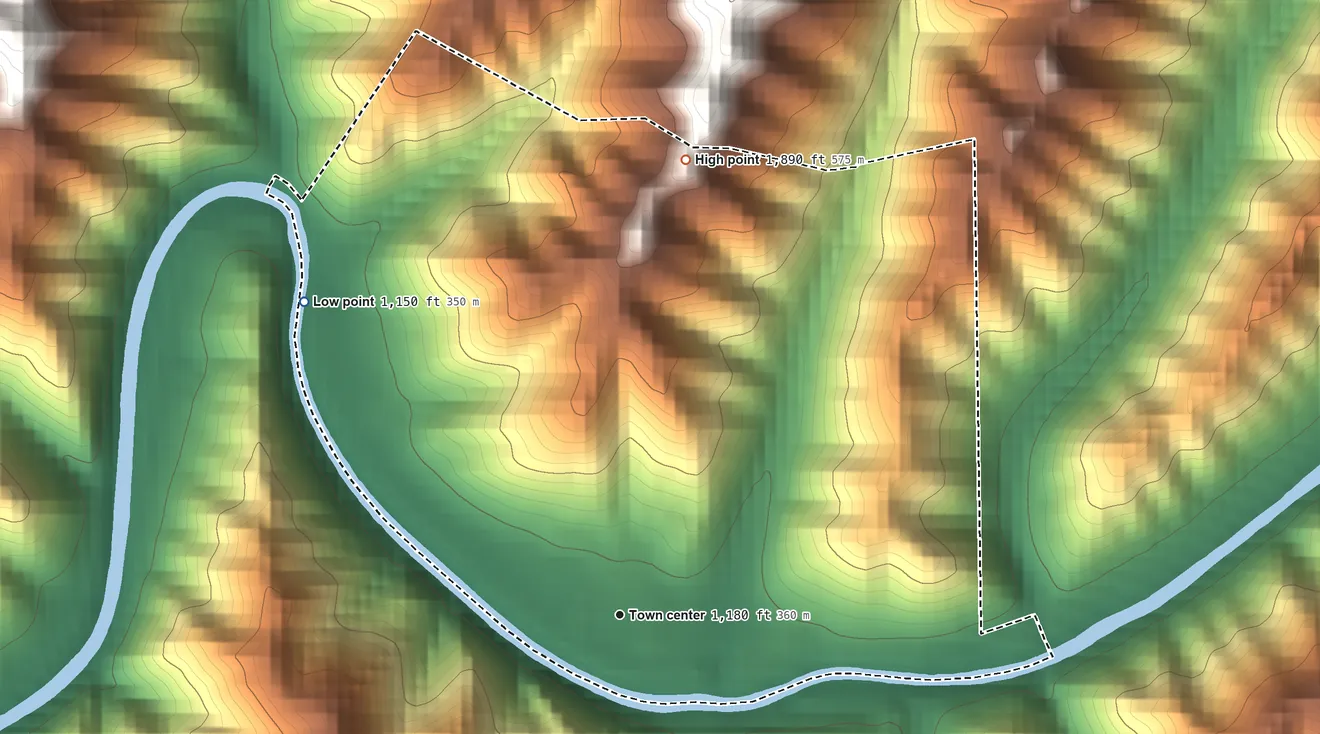 Topographic elevation map of Brenton, West Virginia, shaded from 1,150 ft on the northwest side to 1,890 ft at the foot of the Huff Mountain