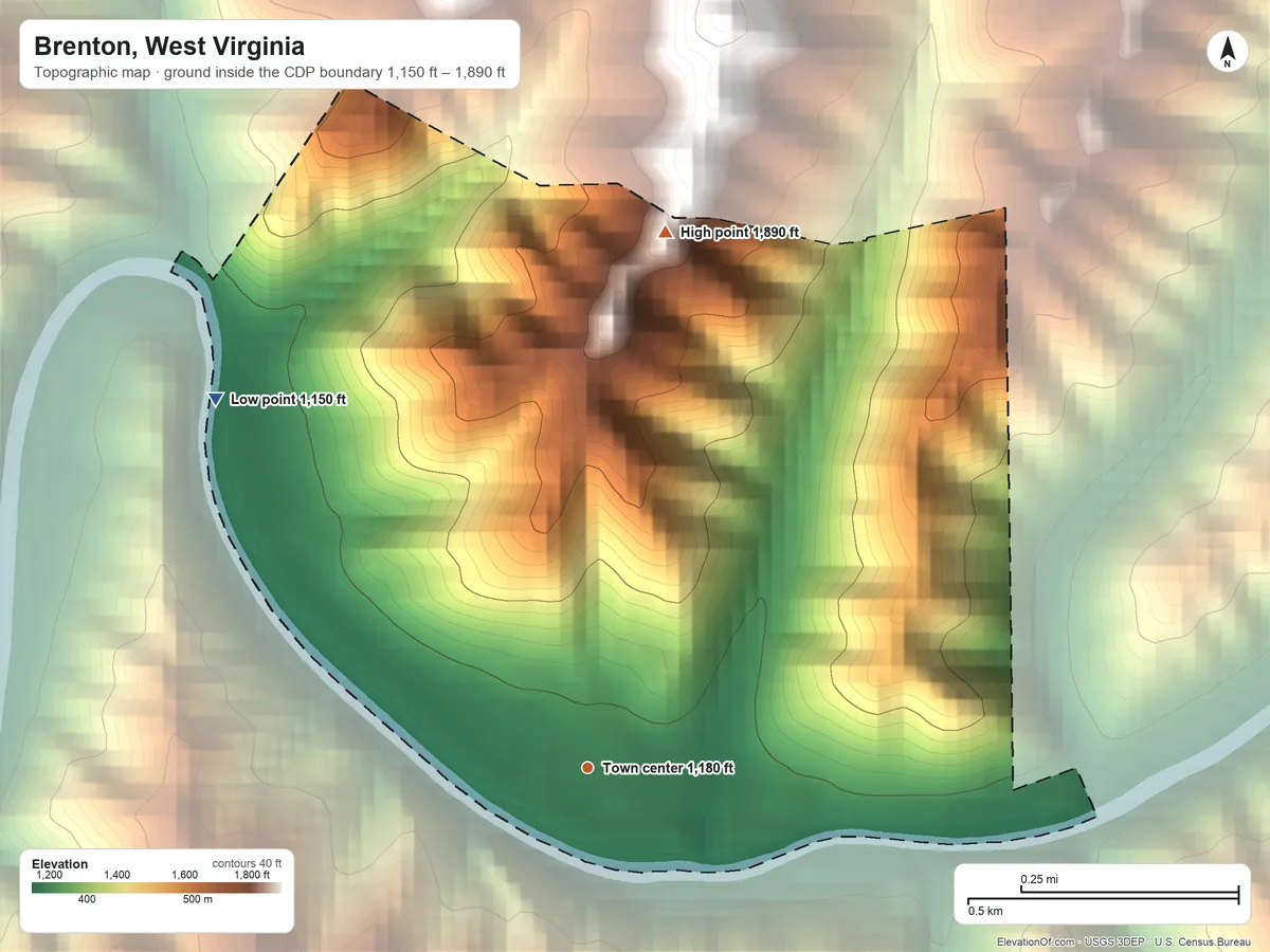 Topographic elevation map of Brenton, West Virginia, shaded from 1,150 ft on the northwest side to 1,890 ft at the foot of the Huff Mountain