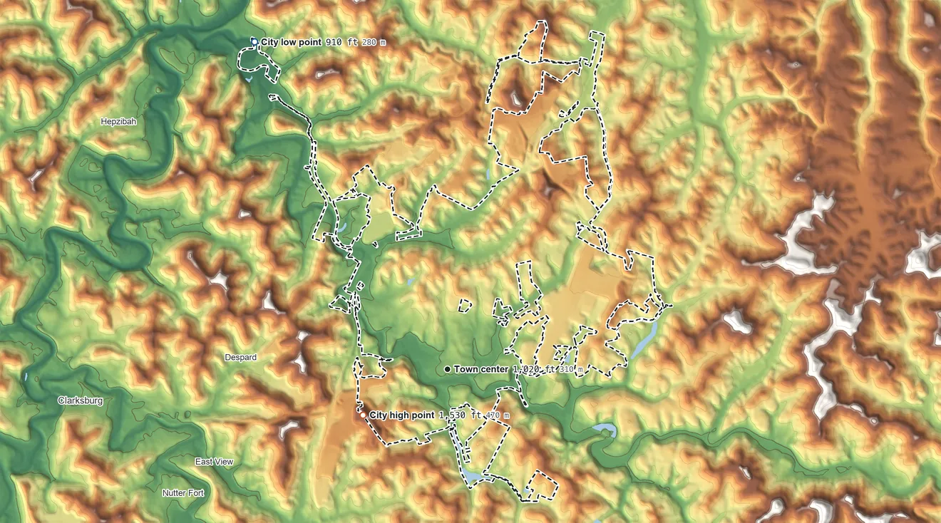 Topographic elevation map of Bridgeport, West Virginia, shaded from 910 ft on the northwest side to 1,530 ft on the southwest side