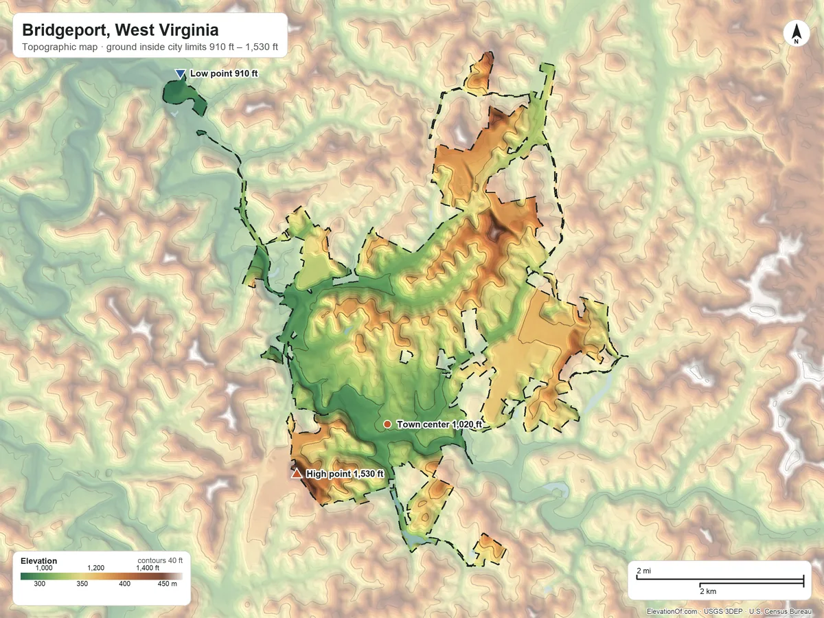 Topographic elevation map of Bridgeport, West Virginia, shaded from 910 ft on the northwest side to 1,530 ft on the southwest side