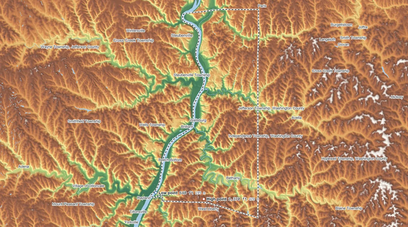 Topographic elevation map of Brooke County, West Virginia, shaded from 640 ft on the southwest side to 1,370 ft on the south side