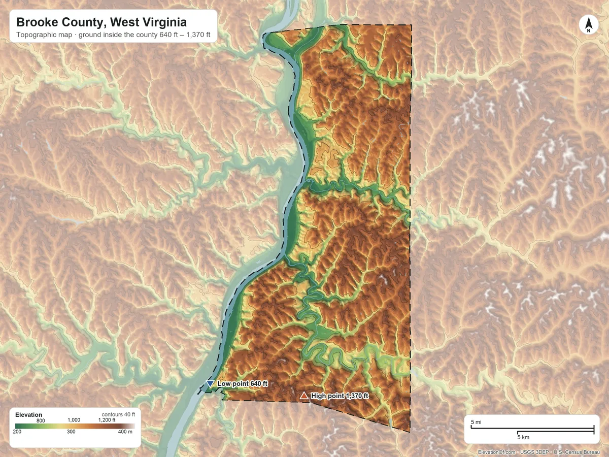 Topographic elevation map of Brooke County, West Virginia, shaded from 640 ft on the southwest side to 1,370 ft on the south side