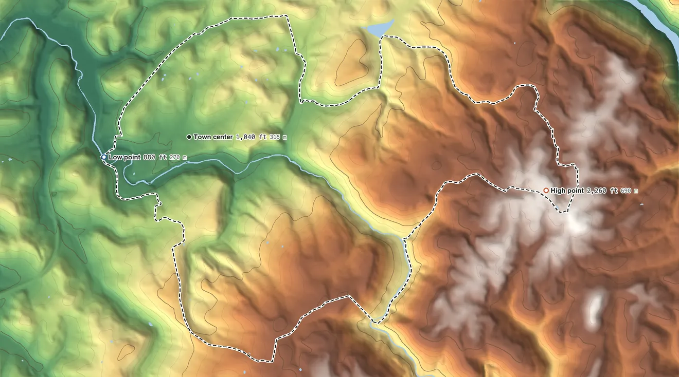 Topographic elevation map of Brookhaven, West Virginia, shaded from 880 ft on the west side to 2,260 ft on the east side
