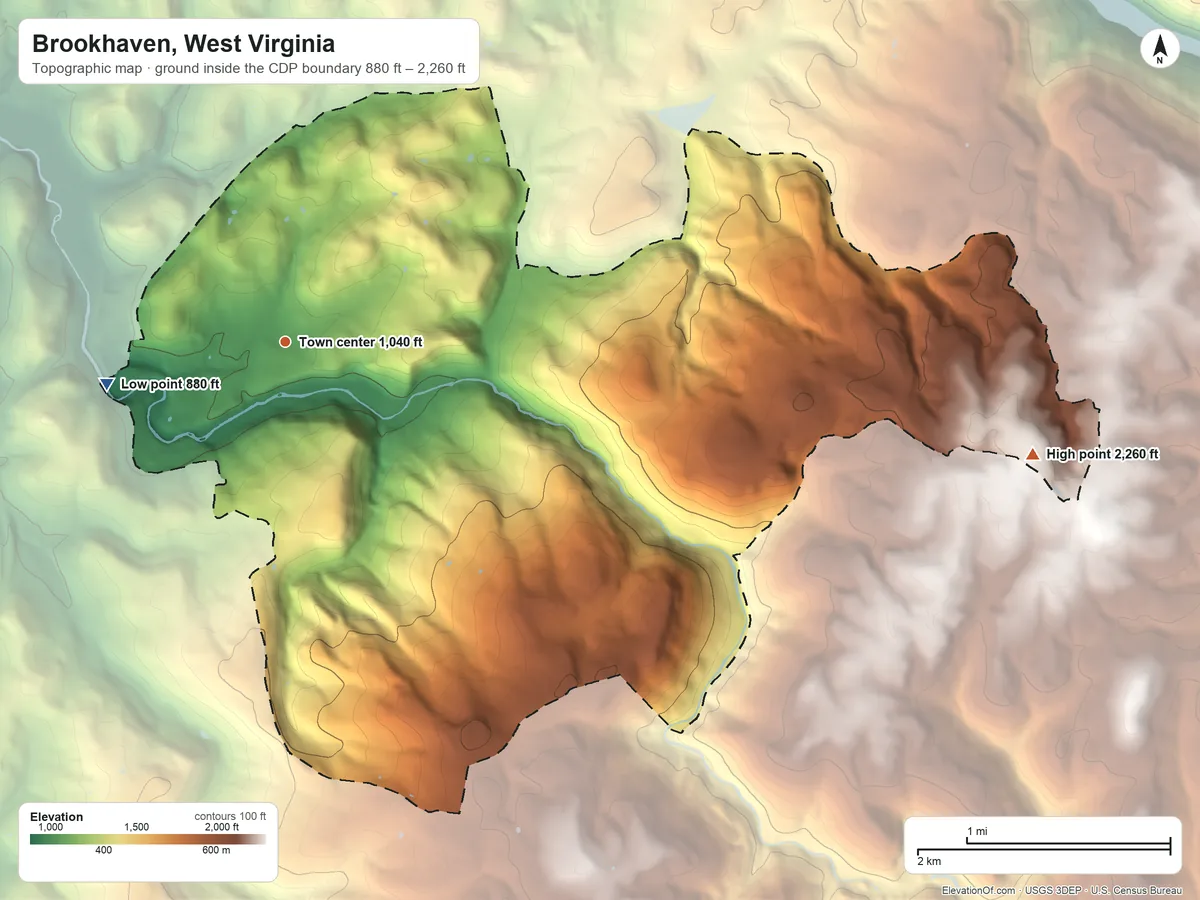 Topographic elevation map of Brookhaven, West Virginia, shaded from 880 ft on the west side to 2,260 ft on the east side