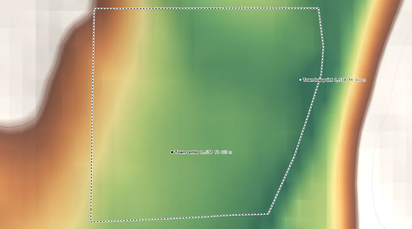 Topographic elevation map of Bruceton Mills, West Virginia, shaded from 1,510 ft on the northeast side to 1,610 ft at the foot of the Briery Mountains