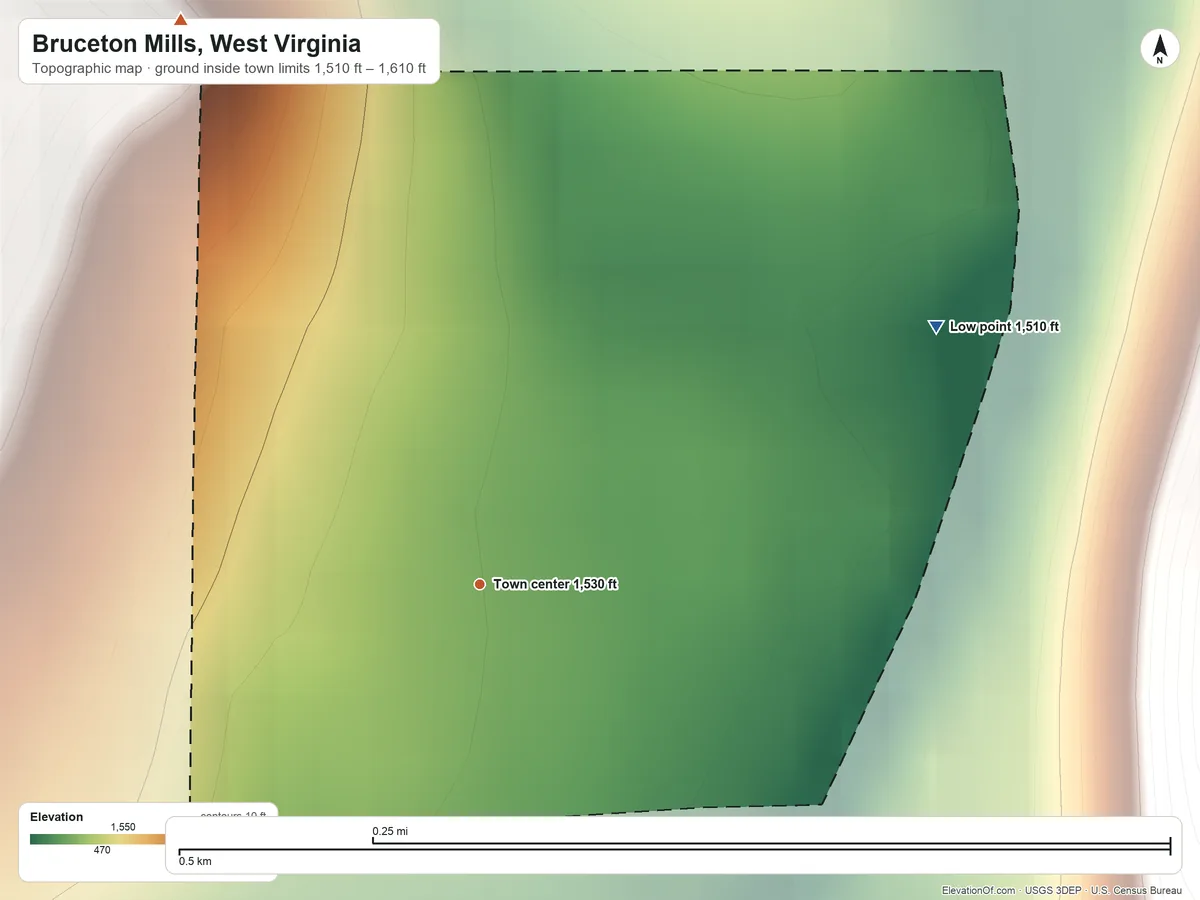 Topographic elevation map of Bruceton Mills, West Virginia, shaded from 1,510 ft on the northeast side to 1,610 ft at the foot of the Briery Mountains
