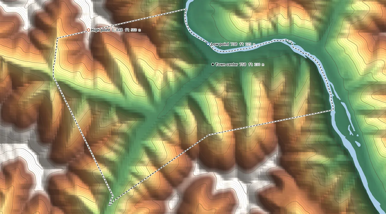 Topographic elevation map of Bruno, West Virginia, shaded from 730 ft near the middle to 1,840 ft at the foot of the Huff Mountain