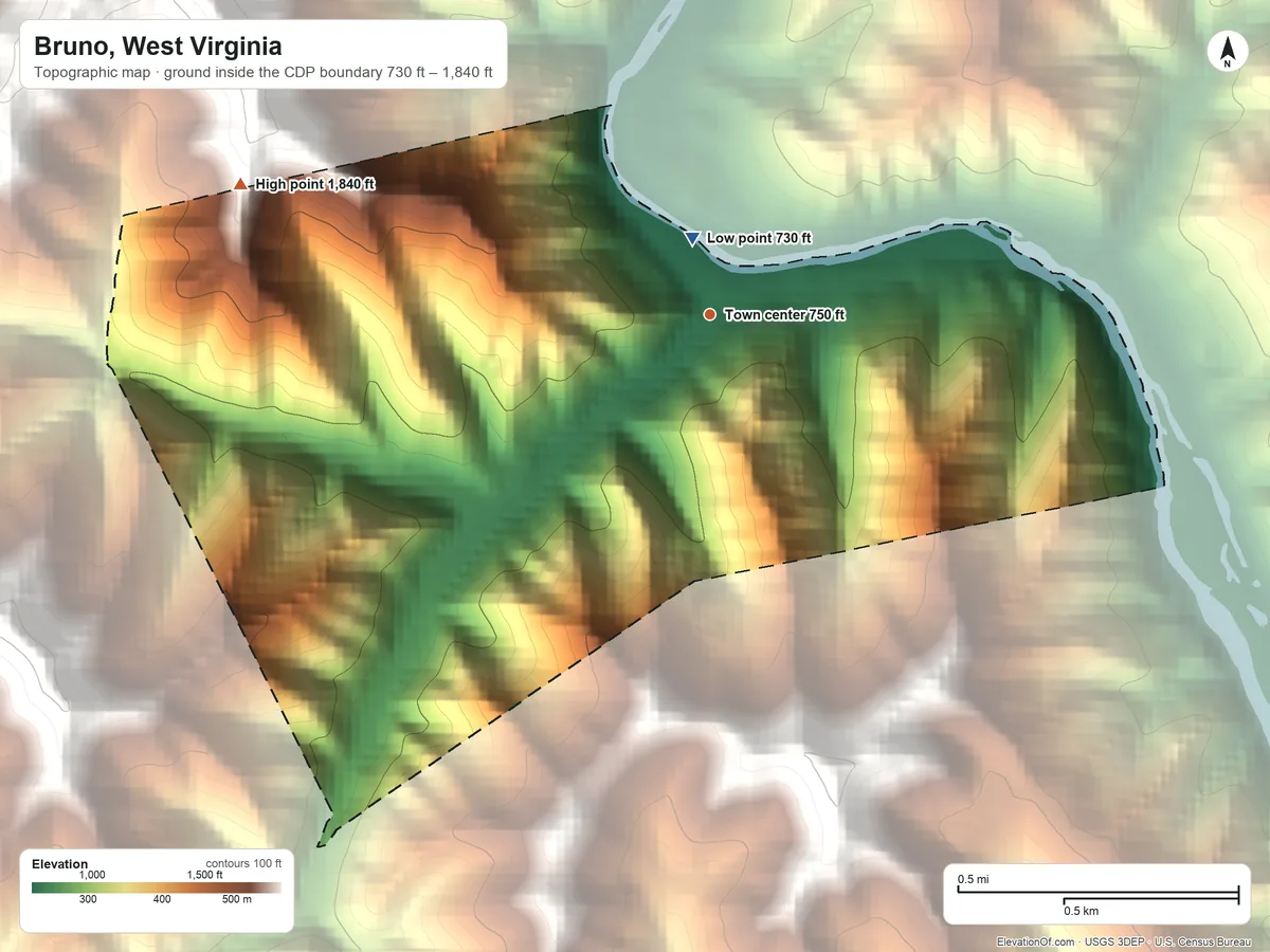 Topographic elevation map of Bruno, West Virginia, shaded from 730 ft near the middle to 1,840 ft at the foot of the Huff Mountain