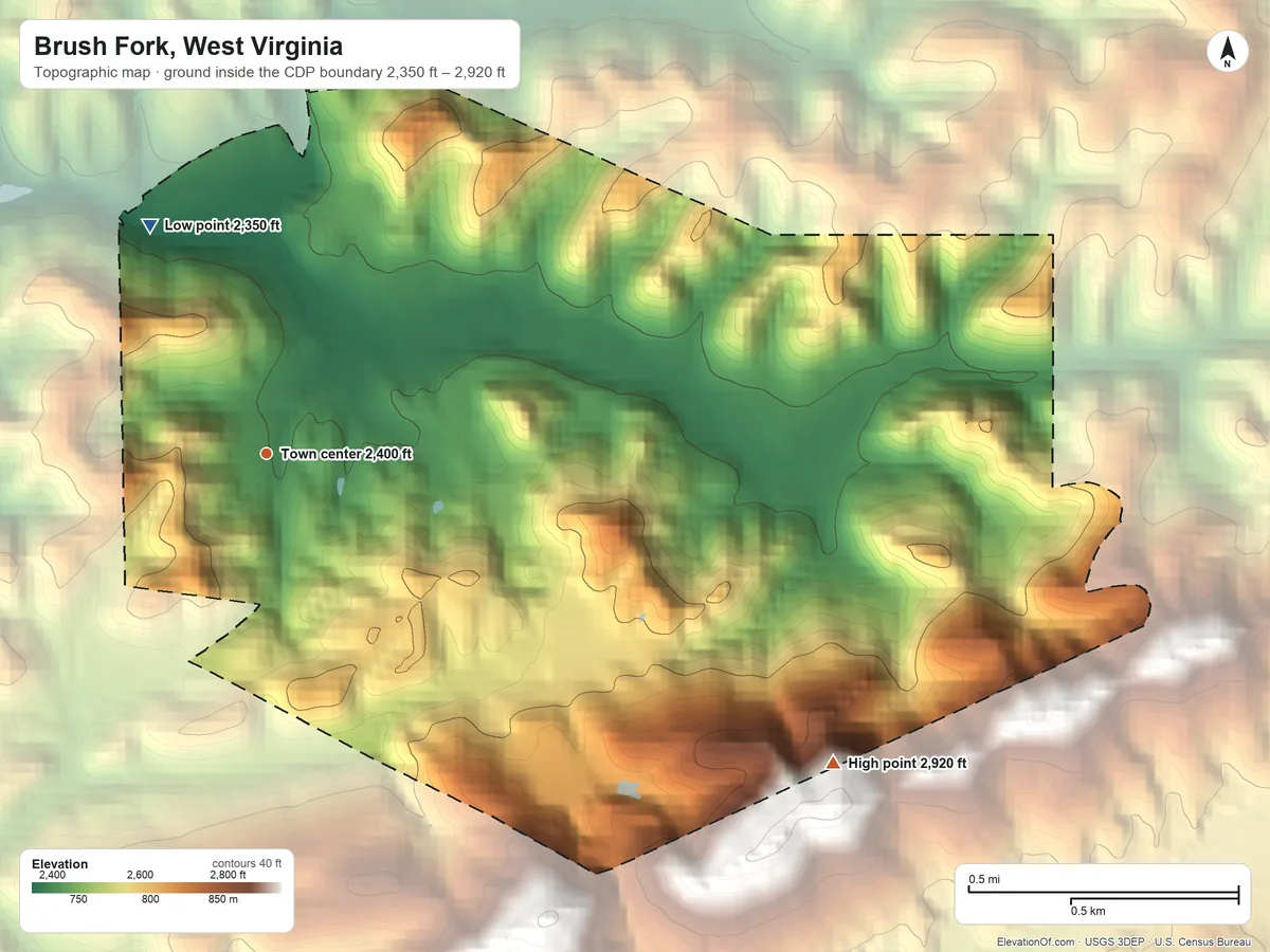 Topographic elevation map of Brush Fork, West Virginia, shaded from 2,350 ft on the northwest side to 2,920 ft on the southeast side