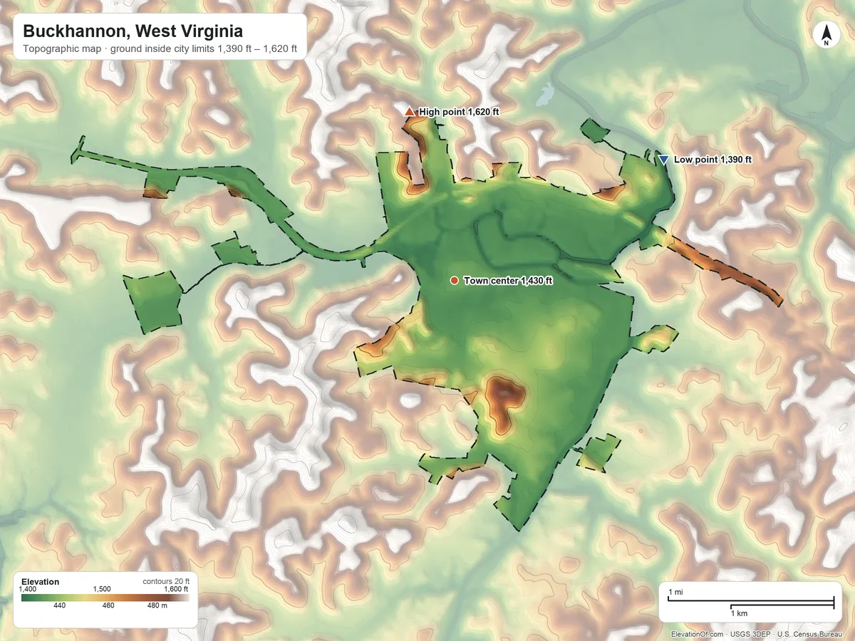 Topographic elevation map of Buckhannon, West Virginia, shaded from 1,390 ft on the northeast side to 1,620 ft on the north side