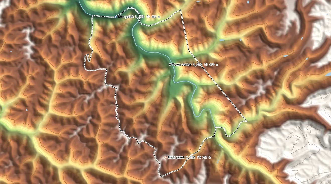 Topographic elevation map of Bud, West Virginia, shaded from 1,470 ft on the northwest side to 2,350 ft on the south side