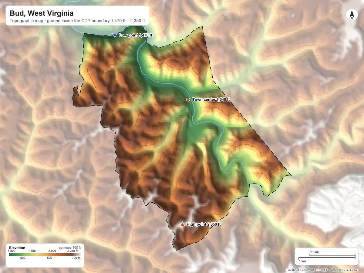 Topographic elevation map of Bud, West Virginia, shaded from 1,470 ft on the northwest side to 2,350 ft on the south side