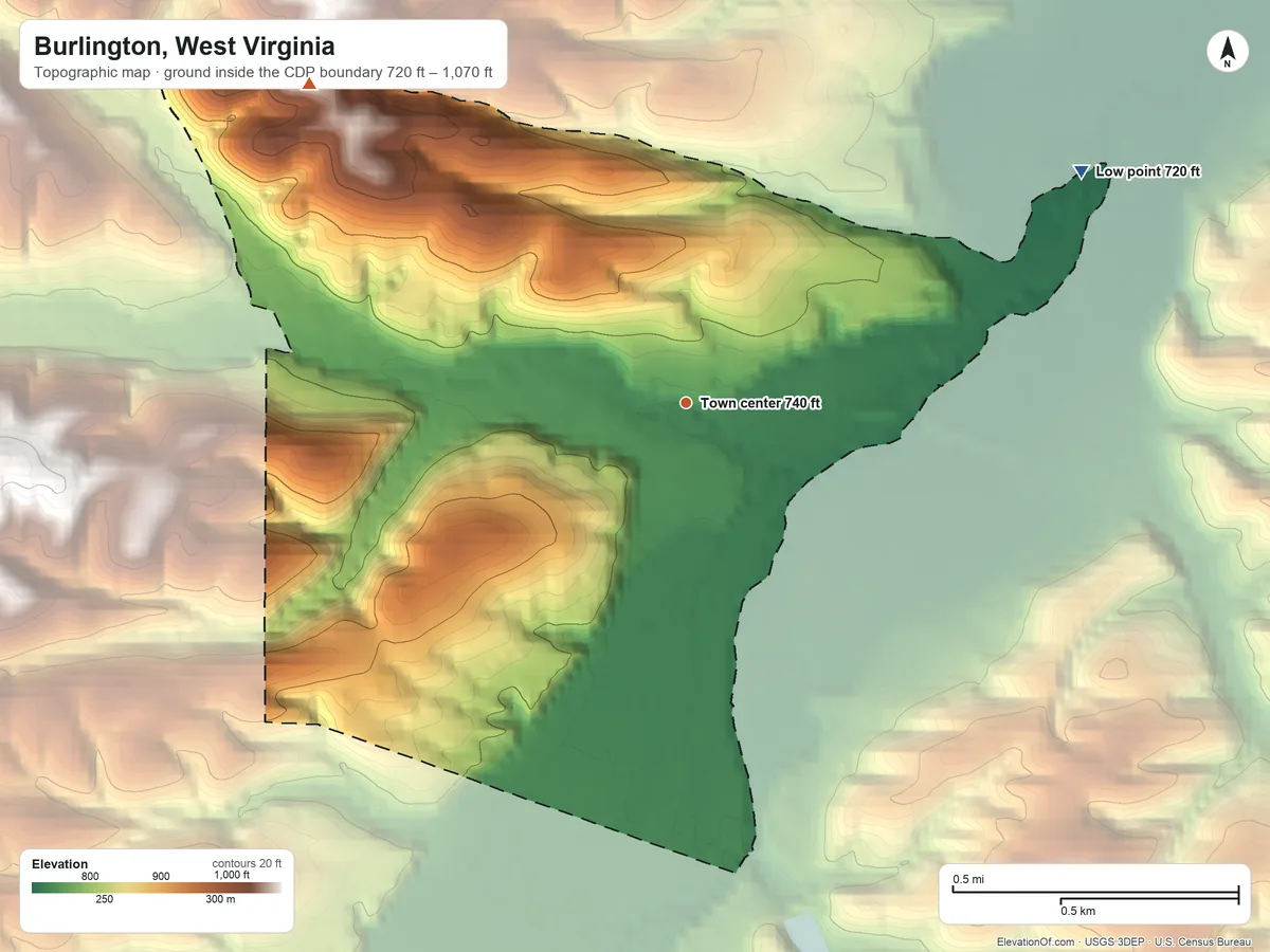 Topographic elevation map of Burlington, West Virginia, shaded from 720 ft on the northeast side to 1,070 ft on the northwest side