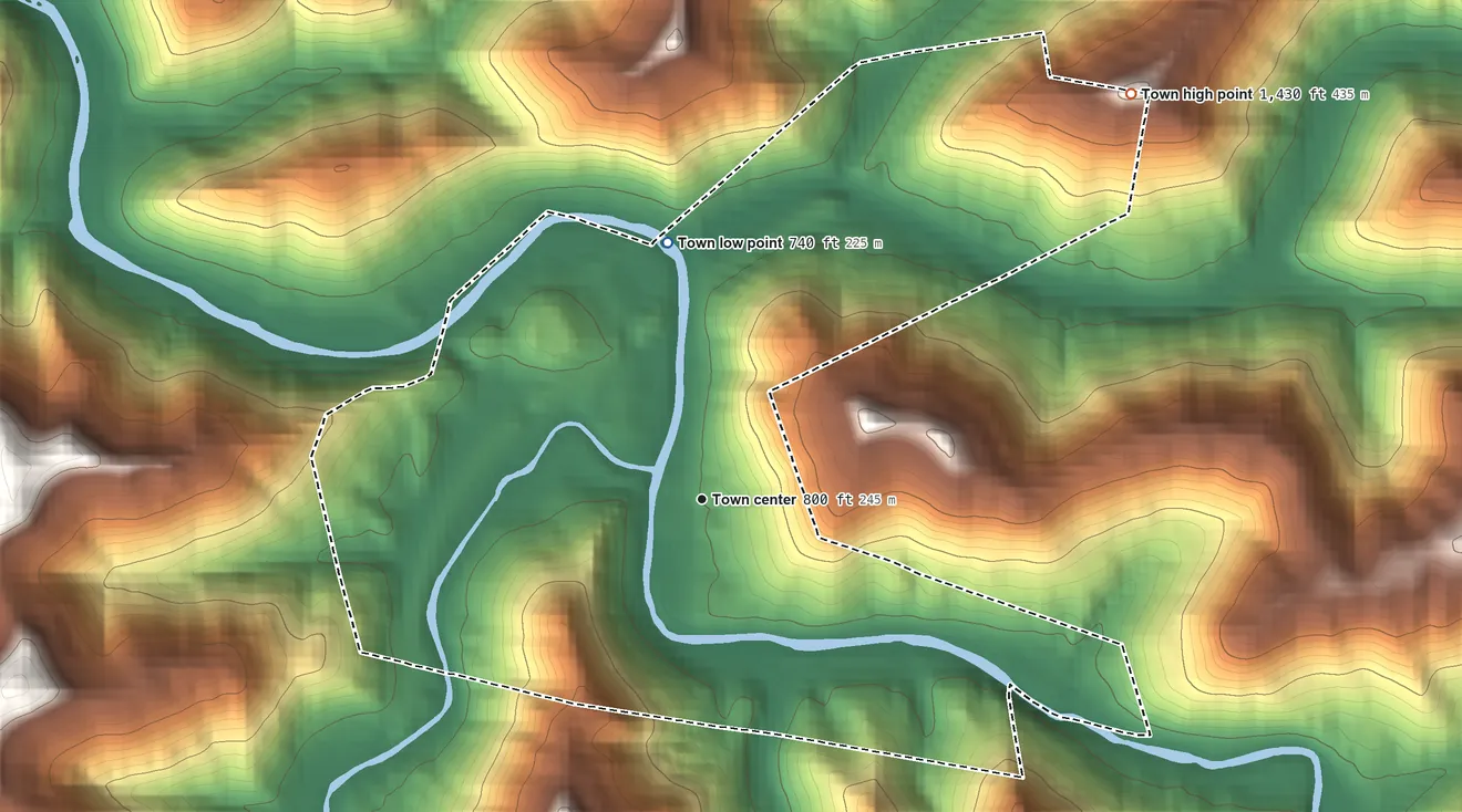 Topographic elevation map of Burnsville, West Virginia, shaded from 740 ft on the north side to 1,430 ft on the northeast side