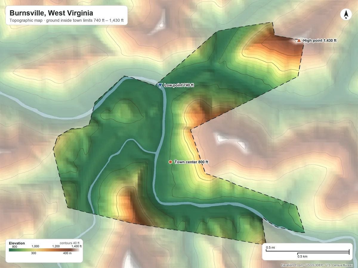 Topographic elevation map of Burnsville, West Virginia, shaded from 740 ft on the north side to 1,430 ft on the northeast side