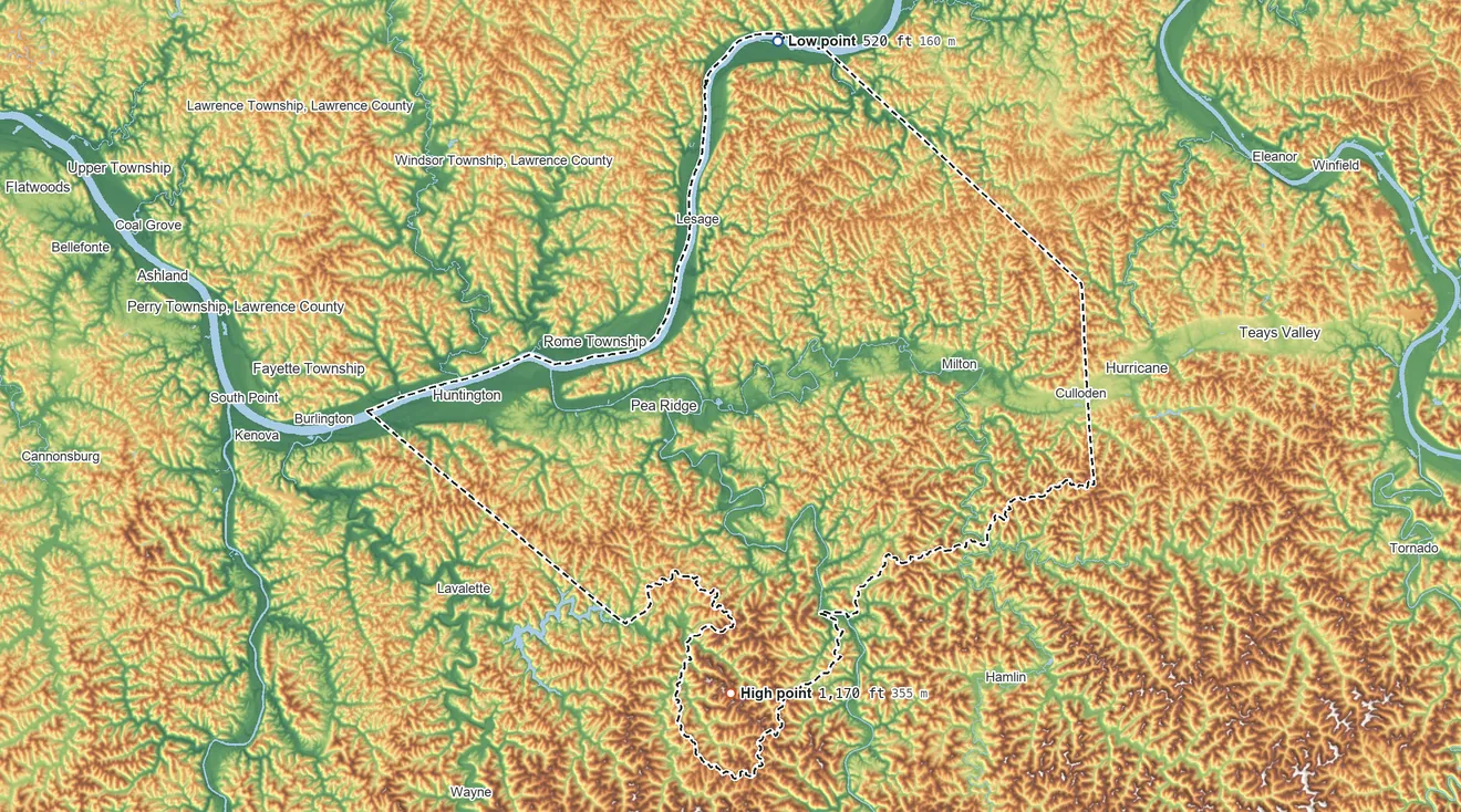 Topographic elevation map of Cabell County, West Virginia, shaded from 520 ft on the north side to 1,170 ft on the south side