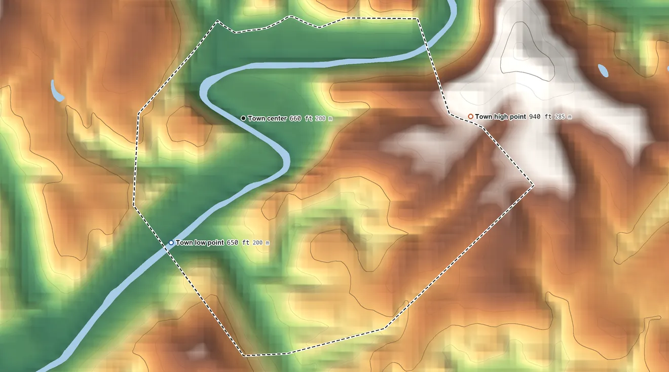 Topographic elevation map of Cairo, West Virginia, shaded from 650 ft on the southwest side to 940 ft on the east side