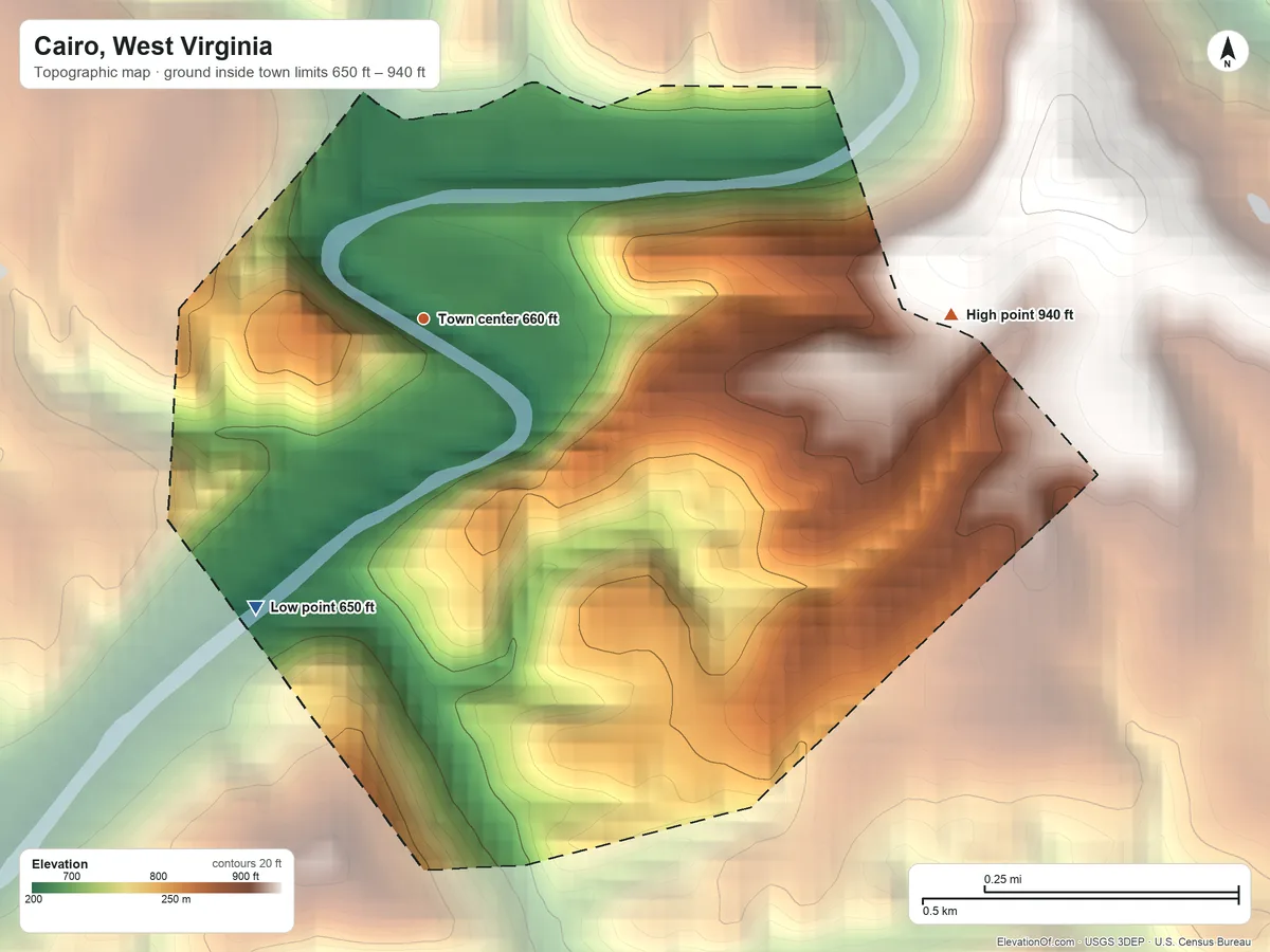 Topographic elevation map of Cairo, West Virginia, shaded from 650 ft on the southwest side to 940 ft on the east side