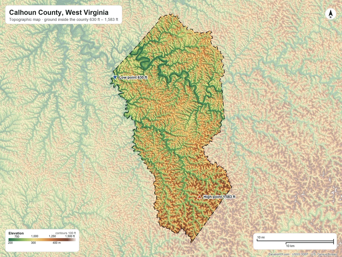 Topographic elevation map of Calhoun County, West Virginia, shaded from 630 ft on the northwest side to 1,583 ft on Mule Knob