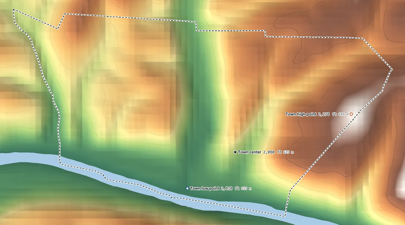 Topographic elevation map of Camden-on-Gauley, West Virginia, shaded from 2,010 ft on the southwest side to 2,270 ft on the east edge, below higher ground just outside