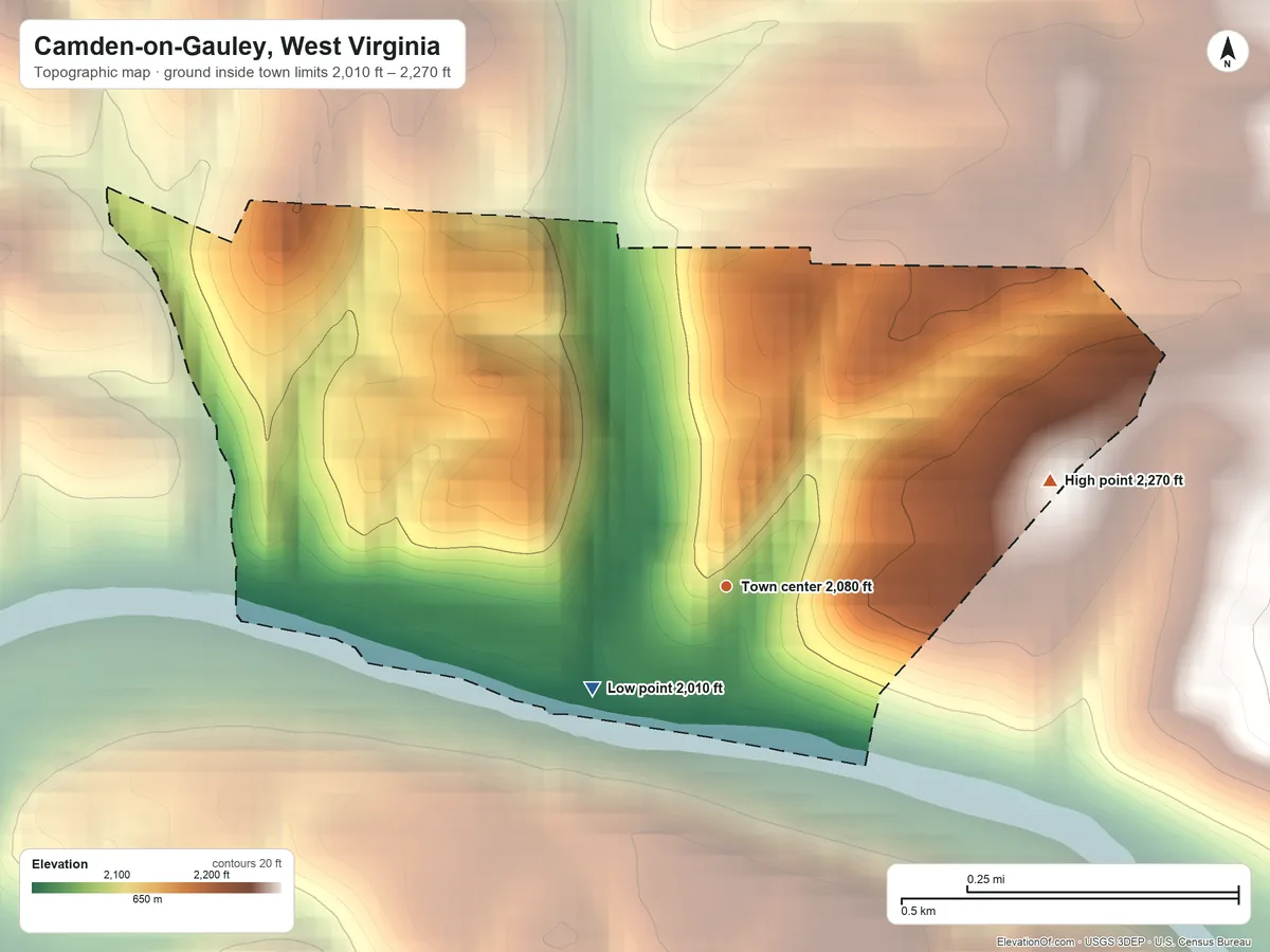 Topographic elevation map of Camden-on-Gauley, West Virginia, shaded from 2,010 ft on the southwest side to 2,270 ft on the east edge, below higher ground just outside