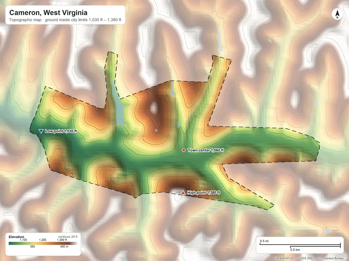 Topographic elevation map of Cameron, West Virginia, shaded from 1,030 ft on the west side to 1,380 ft on the south side