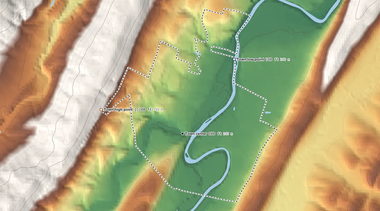 Topographic elevation map of Capon Bridge, West Virginia, shaded from 780 ft on the northeast side to 1,100 ft on the west edge, below higher ground just outside