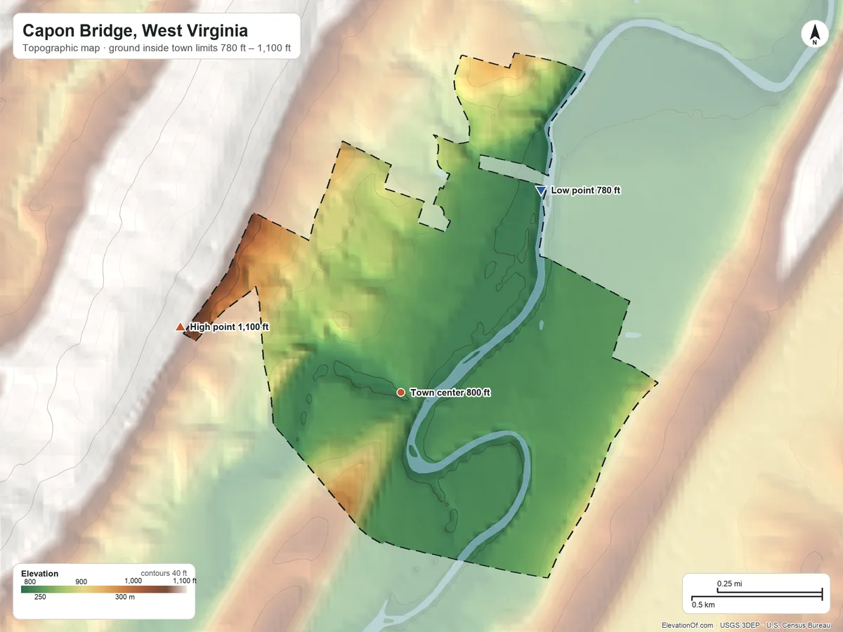 Topographic elevation map of Capon Bridge, West Virginia, shaded from 780 ft on the northeast side to 1,100 ft on the west edge, below higher ground just outside