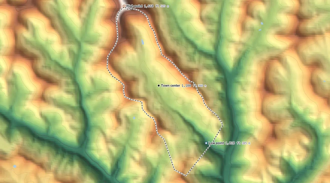 Topographic elevation map of Carolina, West Virginia, shaded from 1,010 ft on the southeast side to 1,660 ft on the northwest side