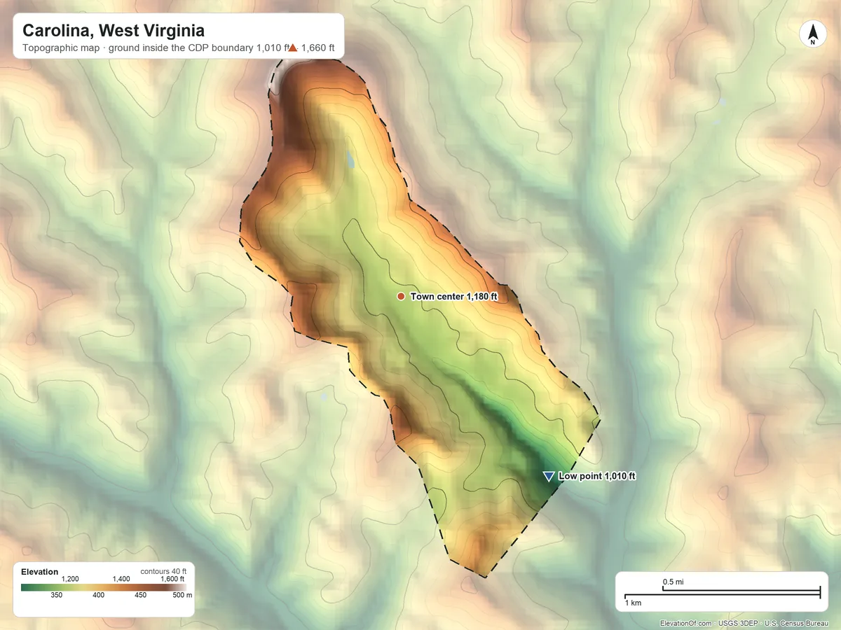 Topographic elevation map of Carolina, West Virginia, shaded from 1,010 ft on the southeast side to 1,660 ft on the northwest side