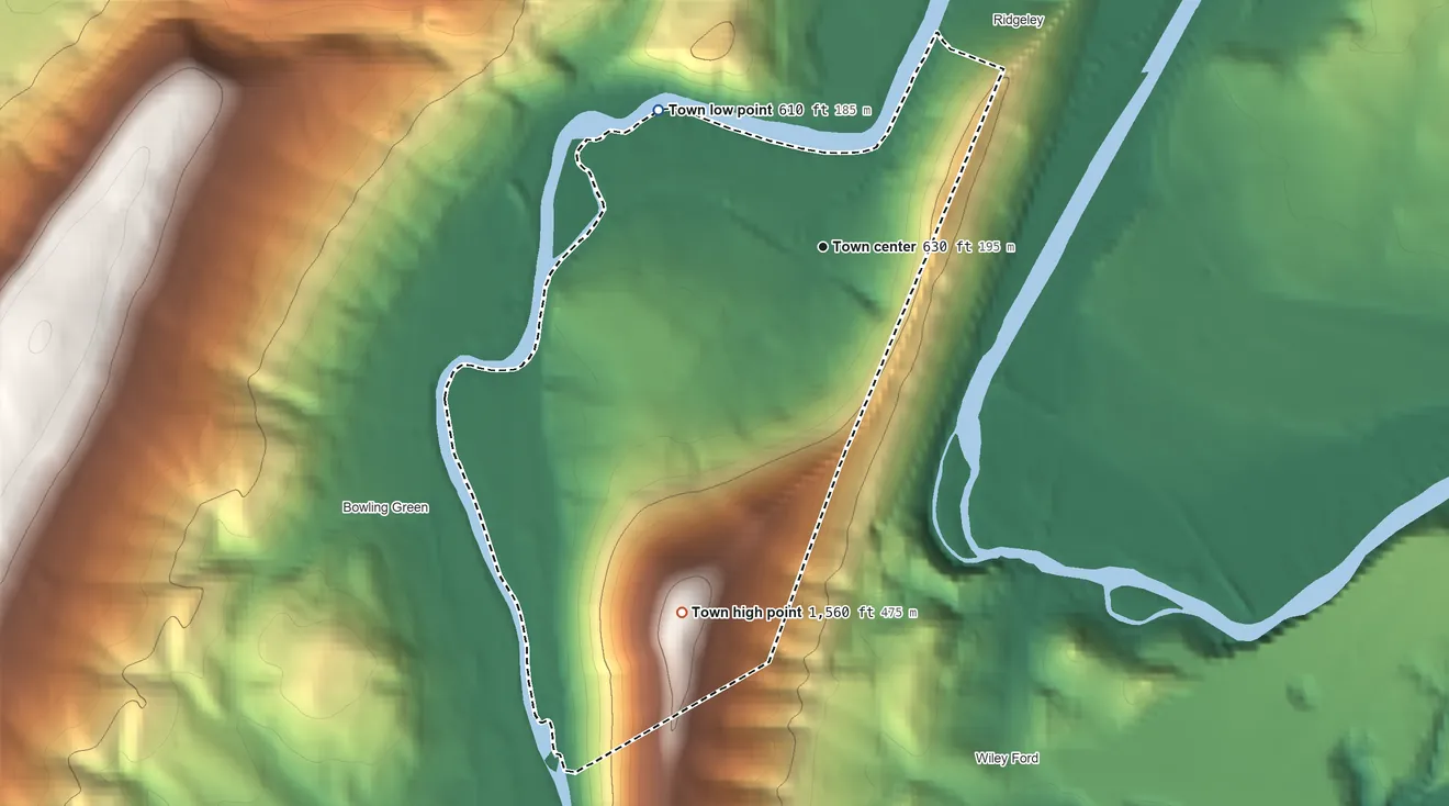 Topographic elevation map of Carpendale, West Virginia, shaded from 610 ft on the northwest side to 1,560 ft on the south side