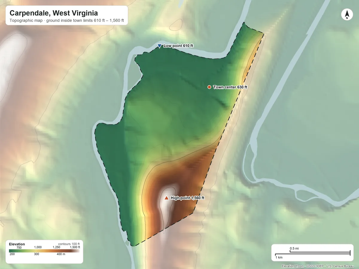 Topographic elevation map of Carpendale, West Virginia, shaded from 610 ft on the northwest side to 1,560 ft on the south side