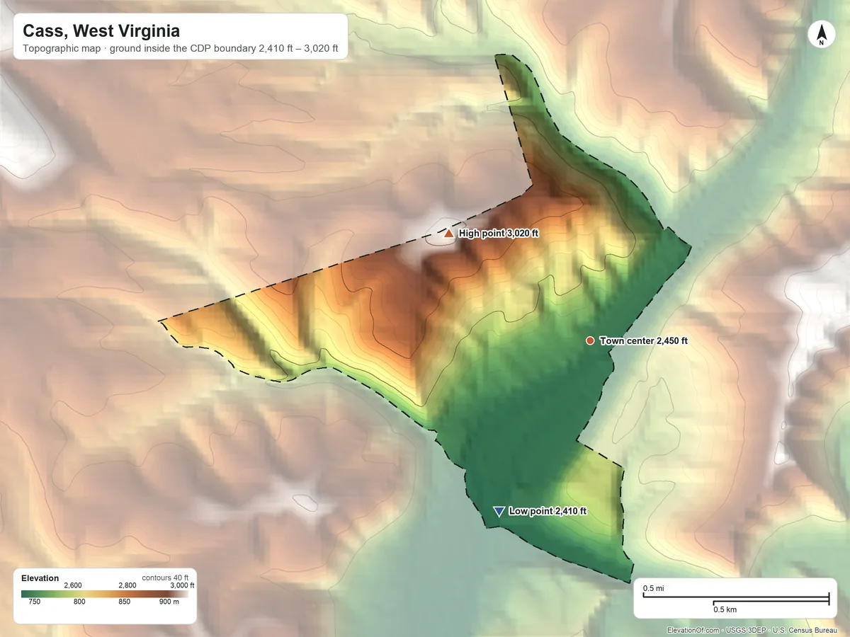 Topographic elevation map of Cass, West Virginia, shaded from 2,410 ft on the southwest side to 3,020 ft on the northwest edge, below higher ground just outside