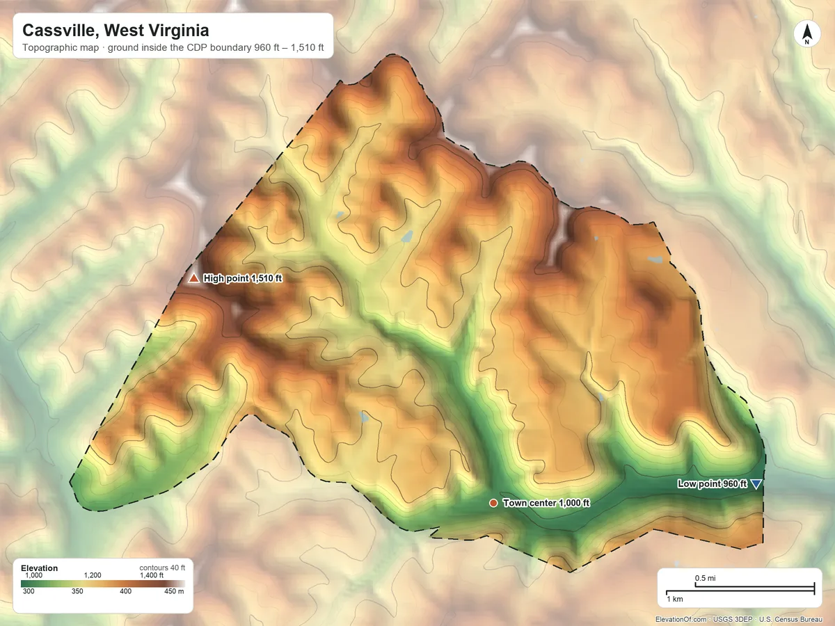 Topographic elevation map of Cassville, West Virginia, shaded from 960 ft on the east side to 1,510 ft on the northwest side