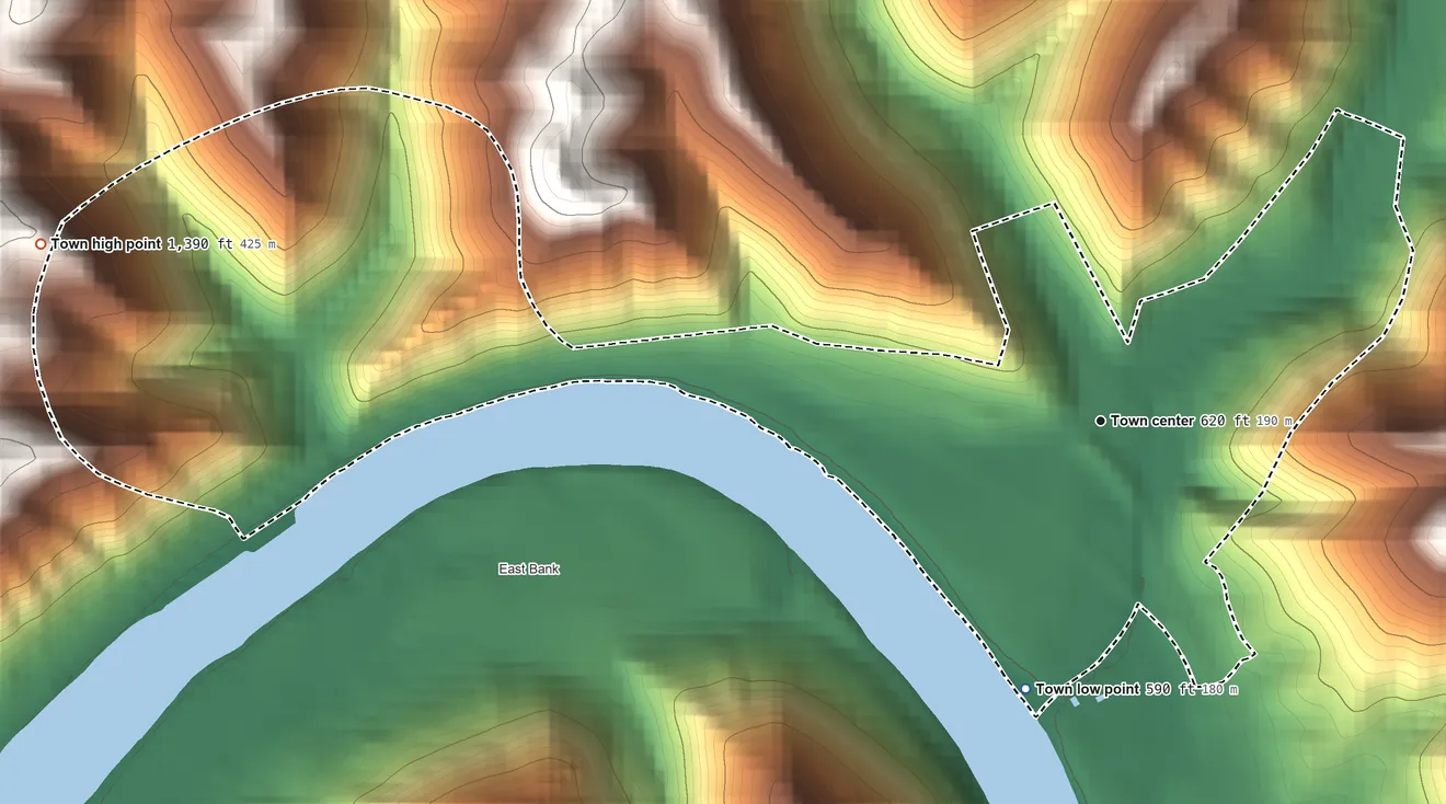 Topographic elevation map of Cedar Grove, West Virginia, shaded from 590 ft on the south side to 1,390 ft on the west side