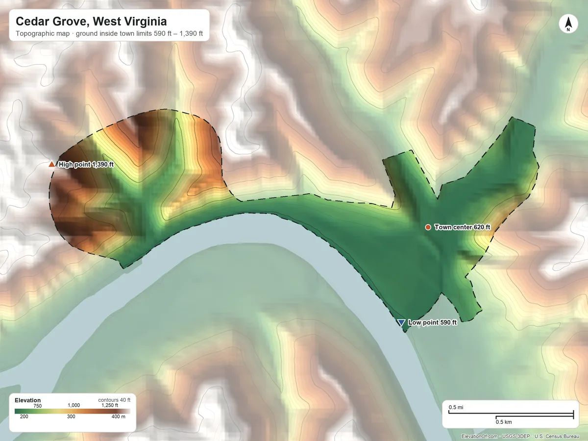 Topographic elevation map of Cedar Grove, West Virginia, shaded from 590 ft on the south side to 1,390 ft on the west side