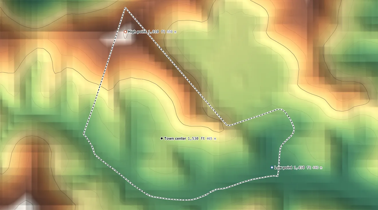 Topographic elevation map of Century, West Virginia, shaded from 1,450 ft on the east side to 1,810 ft on the north side