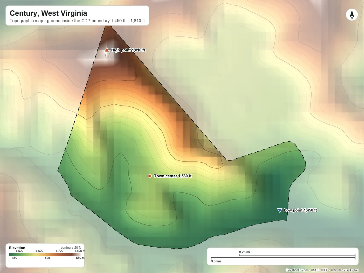Topographic elevation map of Century, West Virginia, shaded from 1,450 ft on the east side to 1,810 ft on the north side