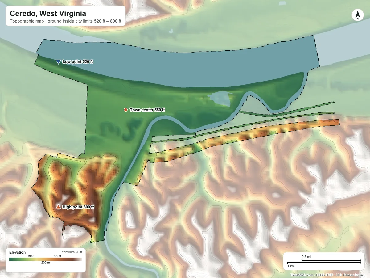 Topographic elevation map of Ceredo, West Virginia, shaded from 520 ft on the northwest side to 800 ft on the southwest side