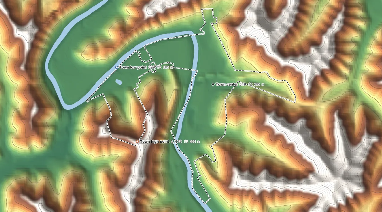 Topographic elevation map of Chapmanville, West Virginia, shaded from 600 ft on the west side to 1,170 ft on the southwest edge, below higher ground just outside