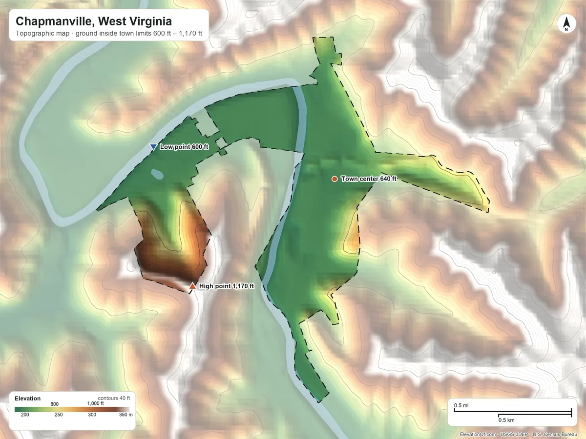 Topographic elevation map of Chapmanville, West Virginia, shaded from 600 ft on the west side to 1,170 ft on the southwest edge, below higher ground just outside