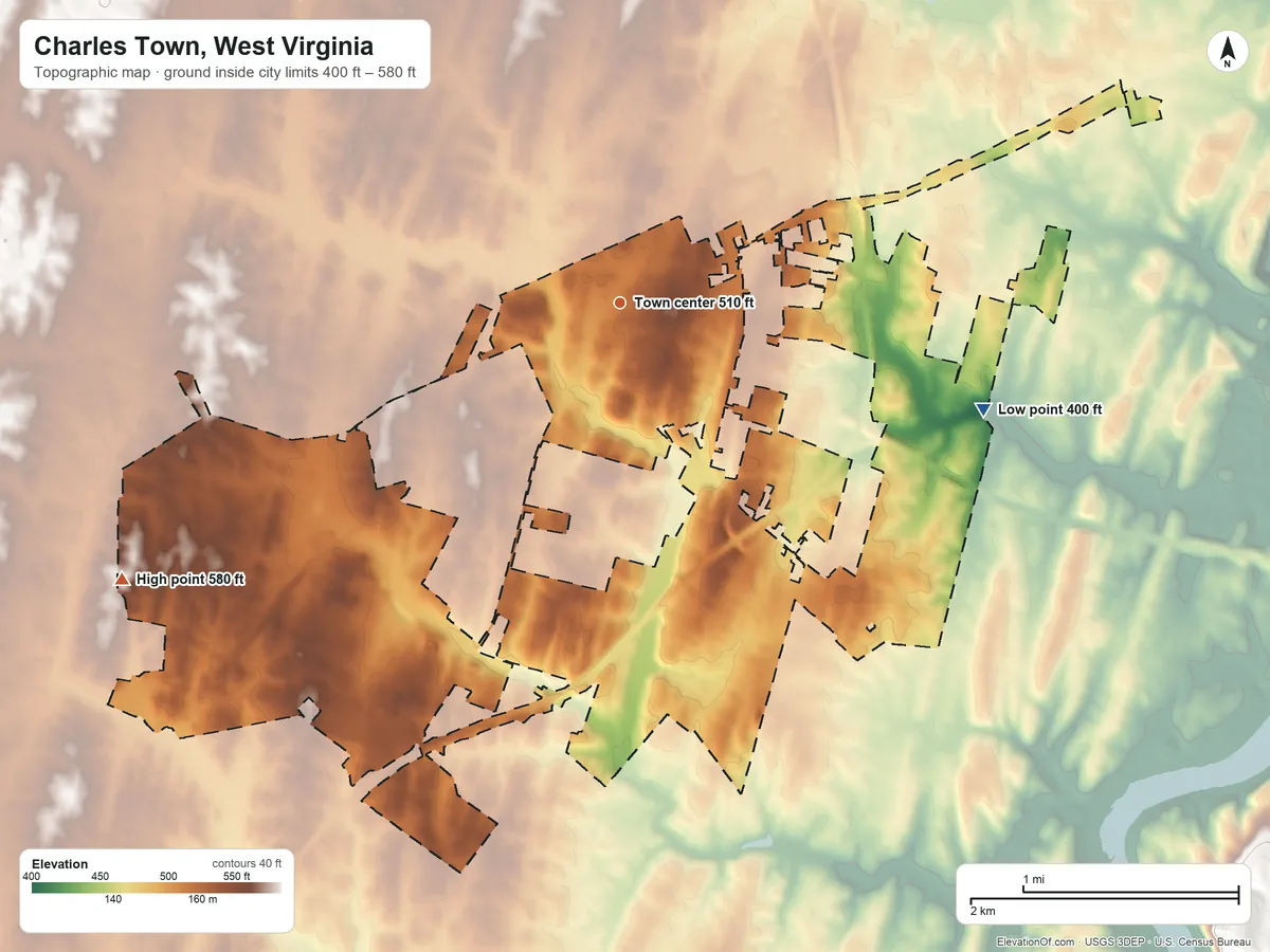 Topographic elevation map of Charles Town, West Virginia, shaded from 400 ft on the east side to 580 ft on the southwest side