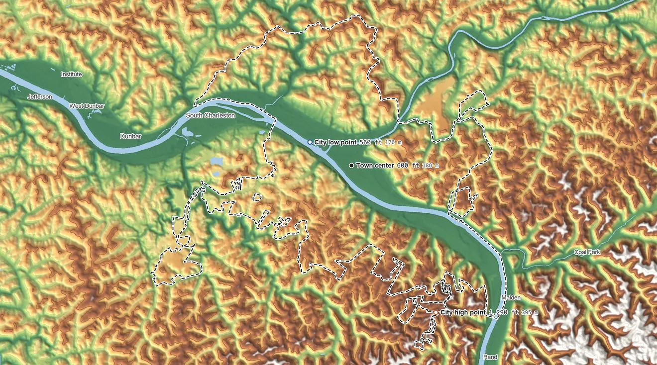 Topographic elevation map of Charleston, West Virginia, shaded from 560 ft near the middle to 1,290 ft on the southeast side