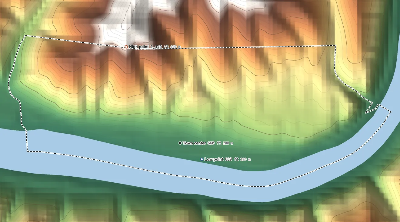 Topographic elevation map of Charlton Heights, West Virginia, shaded from 630 ft near the middle to 1,440 ft on the northwest edge, below higher ground just outside